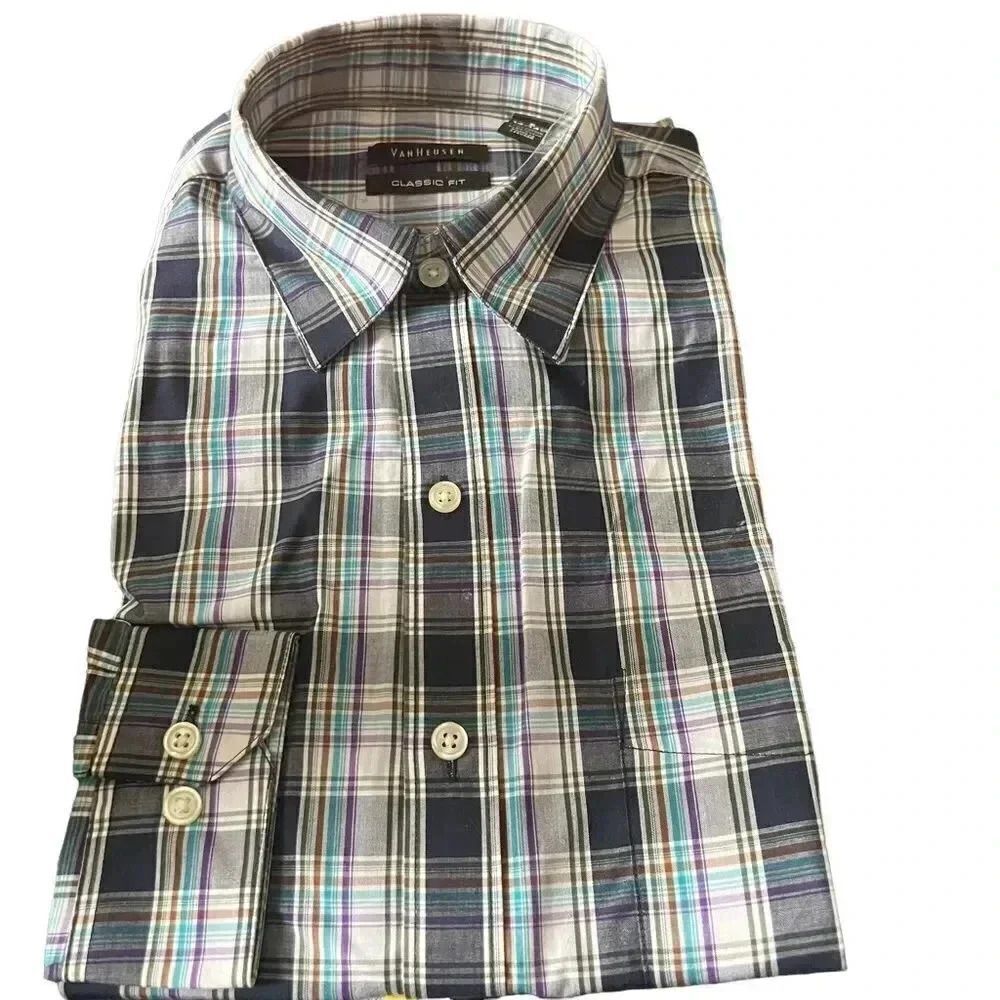 🌸 VAN HUESEN Classic Fit Button Down Shirt Plaid Men‎ Size S (14-14 1/2)